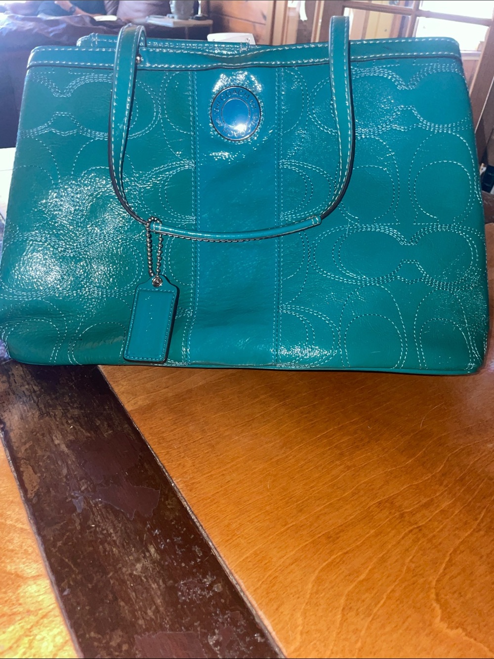 NEW Coach Teal Signature Tote with Leather Tag